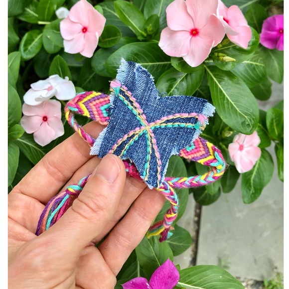 Denim Butterfly Stitched Woven Boho Bracelet, New - Picture 3 of 9